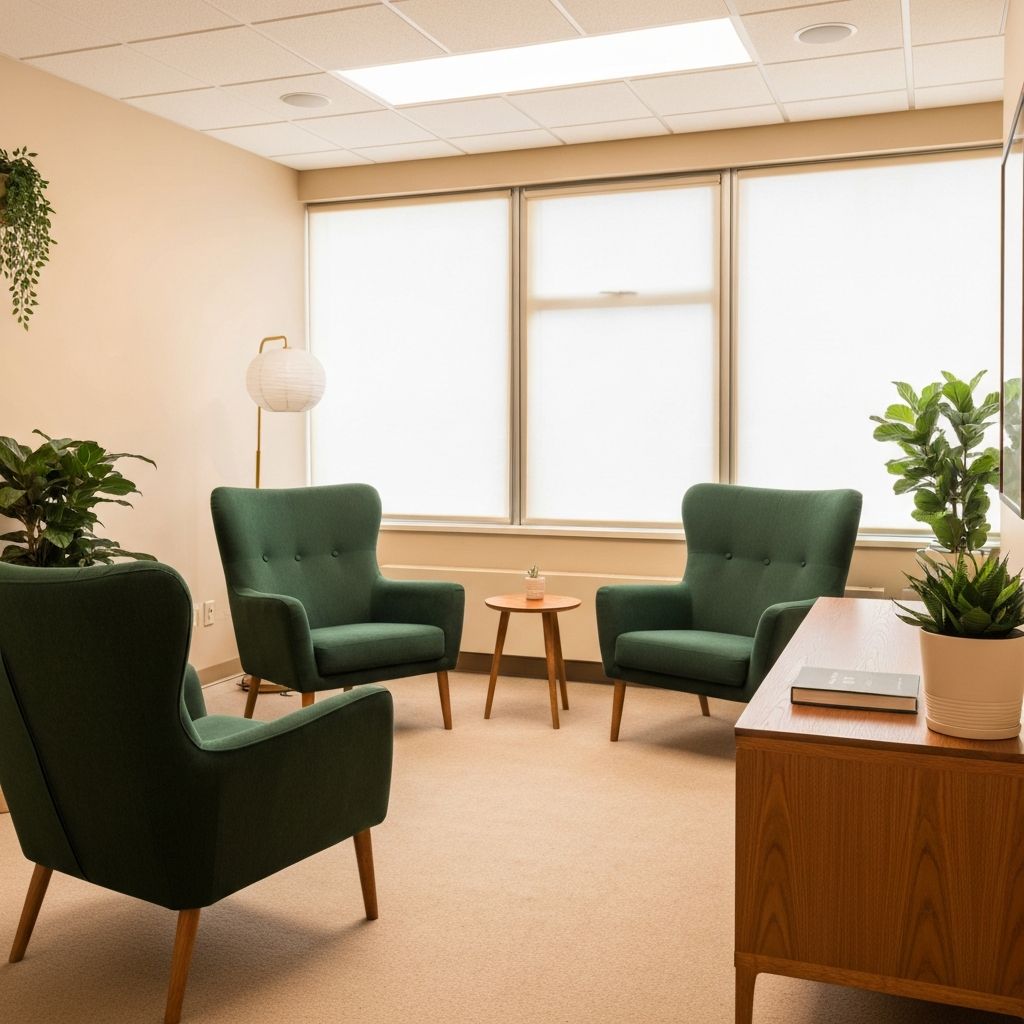 Praxisraum Jessica Seidel - Warmer, ruhiger Therapieraum mit Sesseln, Pflanzen und therapeutischer Atmosphäre für Elternberatung und Diagnostik