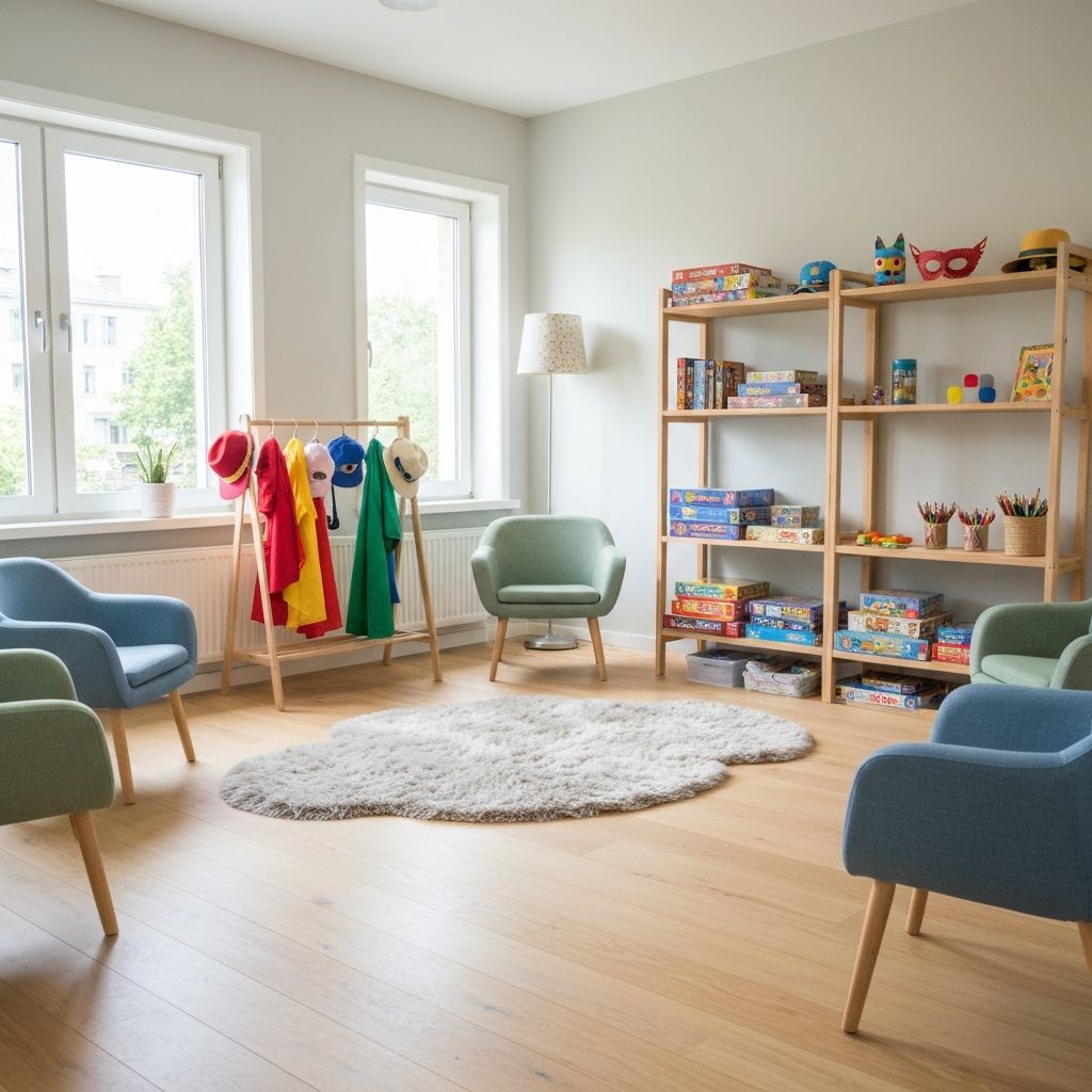 Kinderbereich in der Praxis Jessica Seidel - Farbenfroher Spielraum mit buntem Teppich, Spielen, Baumaterialien und kindgerechter Therapeutischer Umgebung